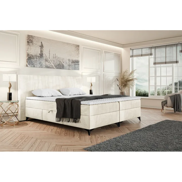 MEBLINI Boxspringbett NANI 180x200cm - H3P/Creme Samt - mit Bettkasten - Polsterbett - Doppelbett mit Topper & Taschenfederkern-Matratze