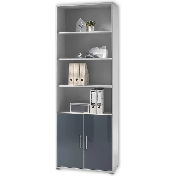 Stella Trading OFFICE LUX Aktenregal abschließbar, grau mit graphit lackierter Glasfront - Standregal mit Fächern & Türen - Modernes Büromöbel Komplettset - 79 x 220 x 35 cm (B/H/T)