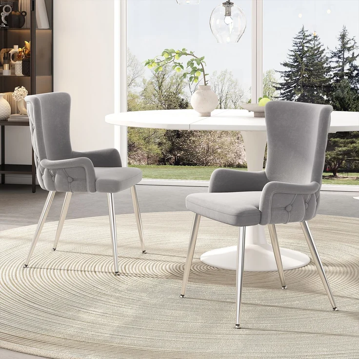 Merax Samt-Esszimmerstuhl, 2er-Set, luxuriöser Wohnzimmer-Schlafzimmer-Loungesessel mit vier silberfarbenen Metallstützbeinen, hellgrau – Bild 2