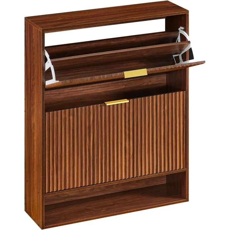 BBWL Schuhschrank mit Kippschutz, höhenverstellbare Fächer, MDF Flur Schuhkommode Schuhschrank 80x24 cm Nussbaum-Optik schmal mit Nutfront Dekotisch – Bild 2