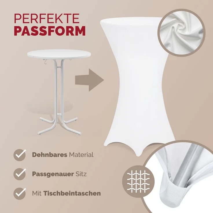 DETEX® Stehtischhusse Weiß 70-75cm Verstärkter Fußbereich 30°C Waschbar Stehtisch Hussen Stretch Tisch Überzug Hochzeit – Bild 3