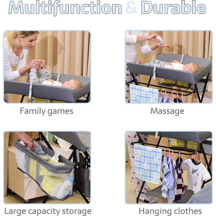 Wickelkommode, faltbar, für Babys, beweglicher Wickeltisch mit Sicherheitsgurt und Aufbewahrungsfächern, Wickelkommode, ergonomisches Design (grau) – Bild 3