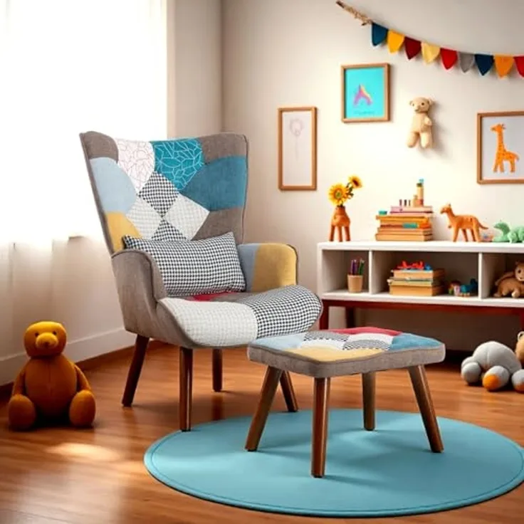 FurnitureR Bunte Sessel mit Banken, Retro-Design, Holzrahmen, Komfortables Kinderzimmer, Wohnzimmer und Möbel mit Attraktivität, Mehrfarbig