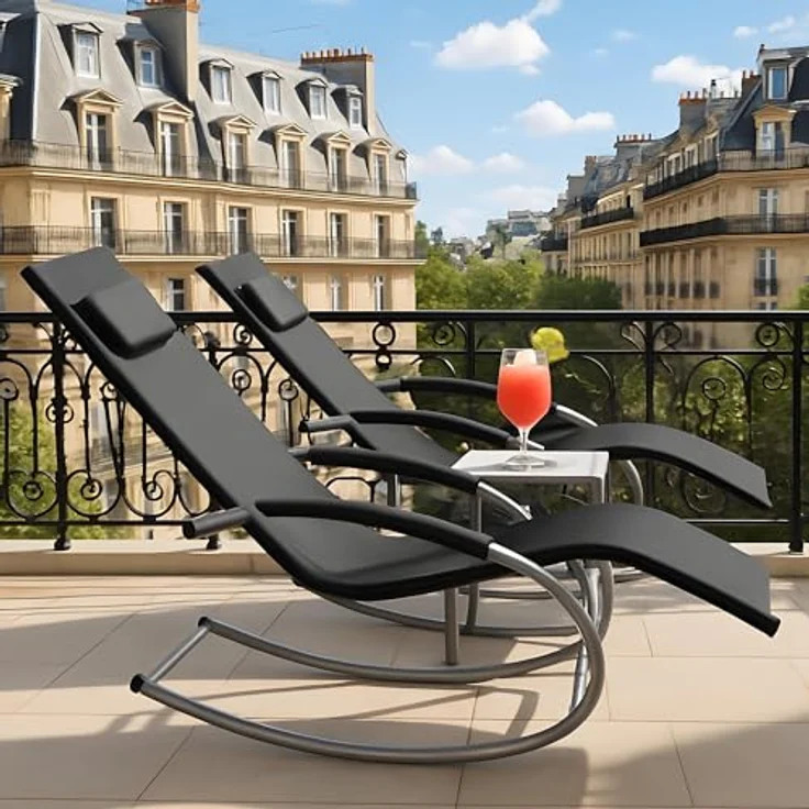 GarveeHome 3-Teiliges Outdoor-Lounge-Set Mit 2 Liegen Und 1 Couchtisch, Textilene-Schaukelstuhl Mit Gebogenem Metallrahmen, Liegestuhl Mit Kissen, Für Poolbereich, Terrasse Und Garten – Bild 2