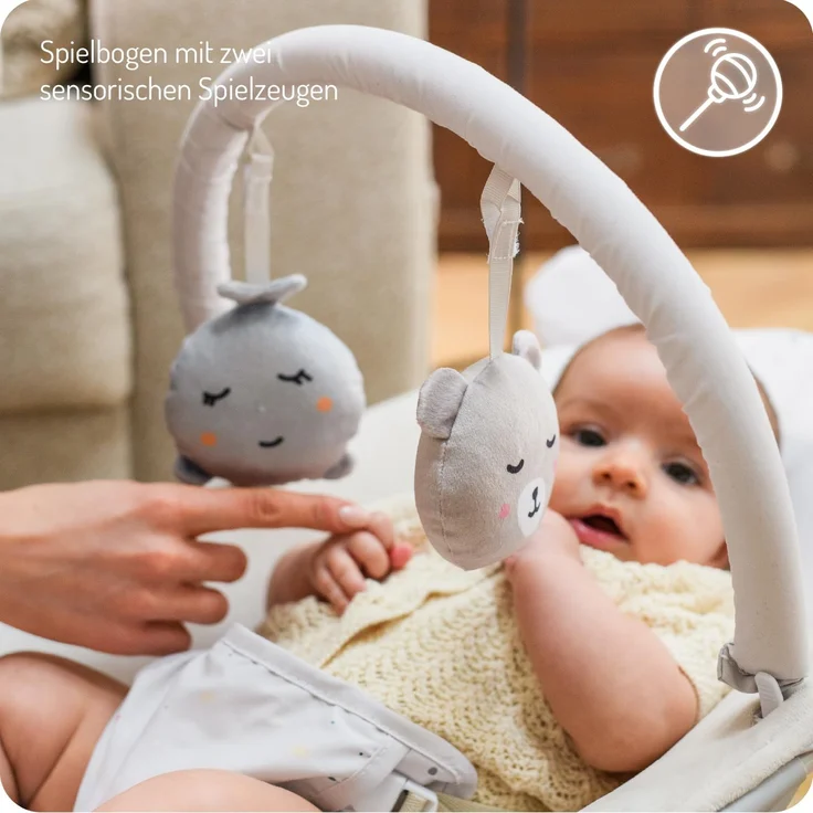 MoMi GLOSSY Babywippe für Babys bis 9 kg, 3-Punkt-Sicherheitsgurt, Metallgestell mit Antirutsch-Füßchen, Gewicht 1,7 kg, Abmessungen 58 x 49 x 53 cm, sensorisches Modul für Kinderförderung – Bild 3