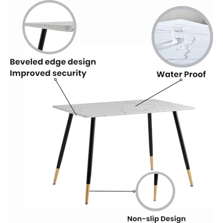39F FURNITURE DREAM Tisch im skandinavischen Design mit Deckel aus Marmorpapier, Metallbeine, Schwarz und Gold, für Küche, Esszimmer, Wohnzimmer, MDF, Weiß, 110 x 70 x 75 cm – Bild 8