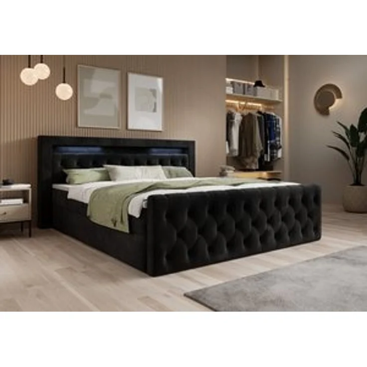 thematys Boxbett LED mit Bettkasten 140x200cm, mit Bonnellfederkernmatratze H3, Bouclé/Velours, mit Stauraum, mit 3 cm Topper, Schwarz (Velutto 20), Art.-Nr. S04JN0YRPBG – Bild 7