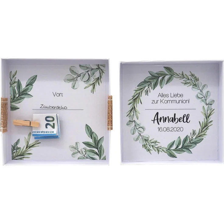 ZauberDeko Geschenkbox Geldgeschenk MIT NAME Kommunion Konfirmation Fisch Eukalyptus – Bild 3