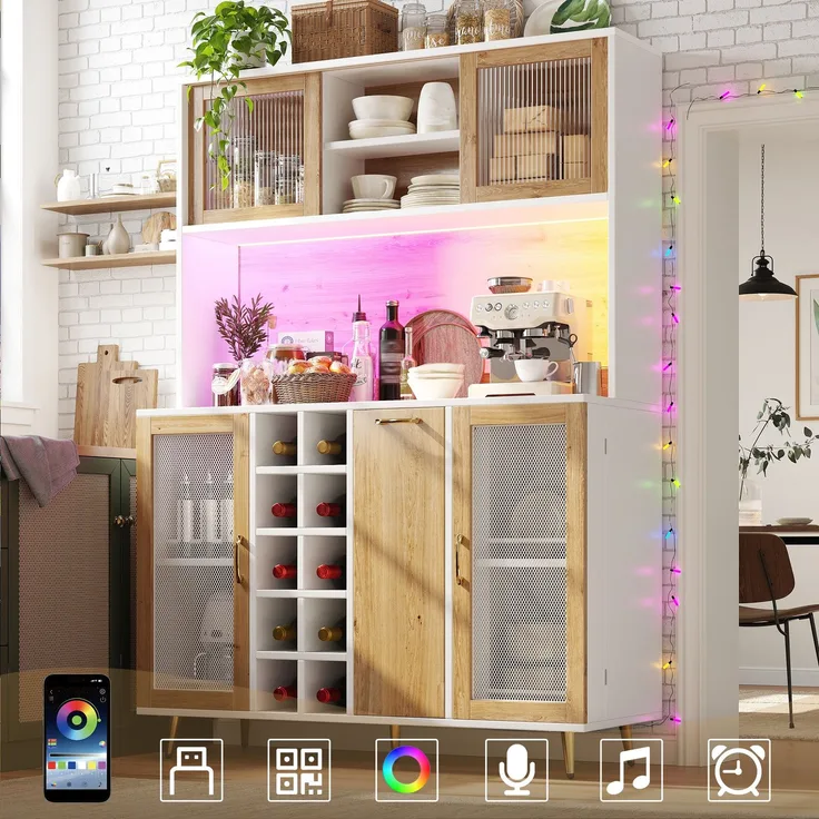 Seitenboard / Aufbewahrungsschrank / Multifunktions-Küchenschrank / Buffetschrank, 120x40x170cm, mit LED-Beleuchtung, Weinregal & Snackregal, 5 Türen, integrierte Steckdose, Weiß mit Holzoptik