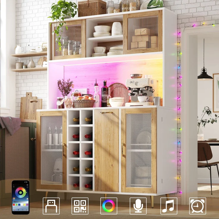Seitenboard / Aufbewahrungsschrank / Multifunktions-Küchenschrank / Buffetschrank, 120x40x170cm, mit LED-Beleuchtung, Weinregal & Snackregal, 5 Türen, integrierte Steckdose, Weiß mit Holzoptik – Bild 1