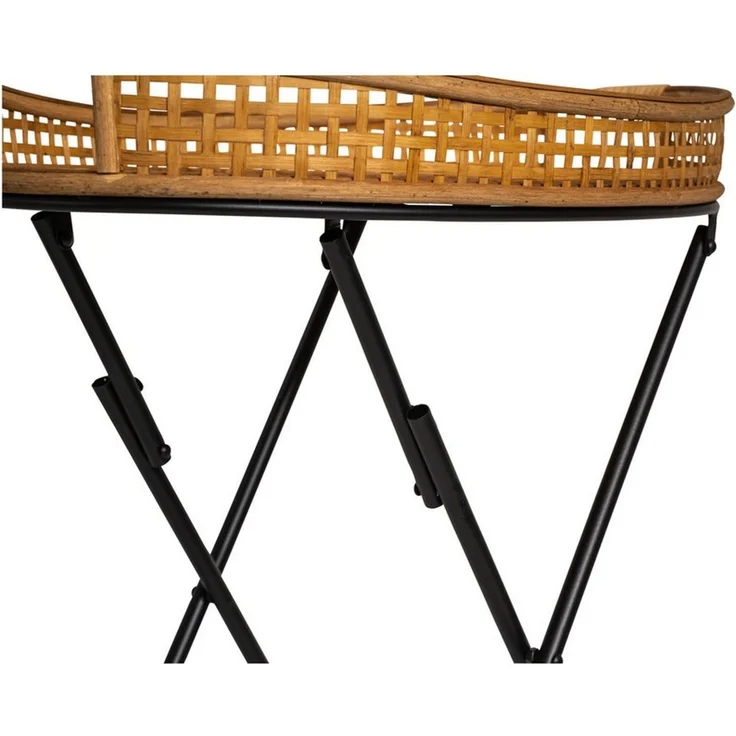 habeig Beistelltisch Serviertisch oval Bambus-Tablett 70 x 62 x 43 cm Klappbares Metallgestell, abnehmbares Tablett – Bild 2