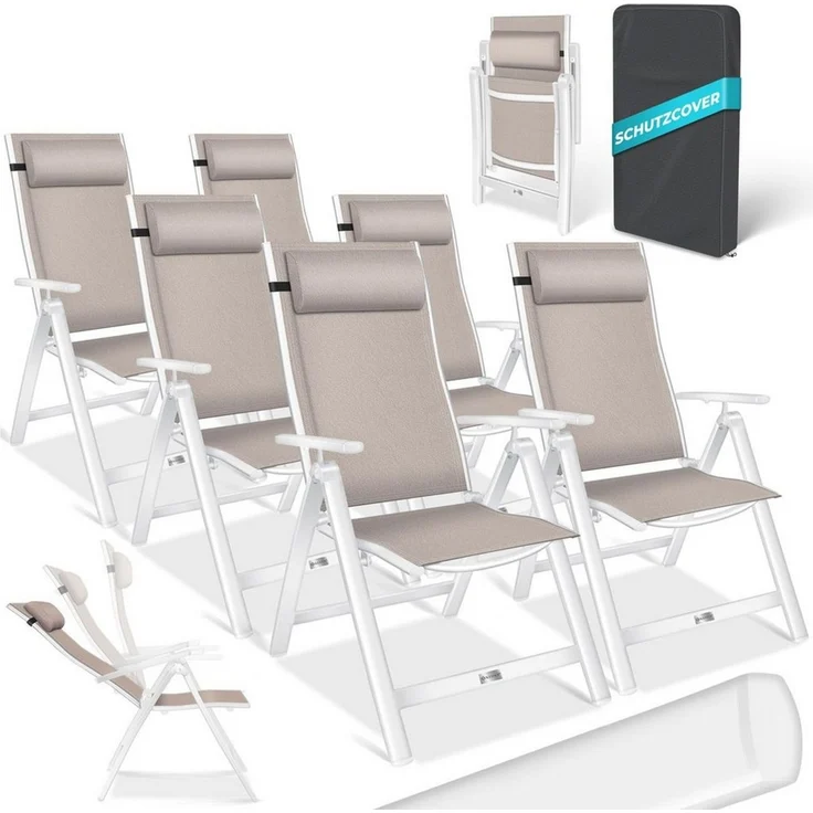 KESSER Gartenstuhl-Set 6-tlg., Hochlehner klappbar mit 7-fach verstellbarer Rückenlehne & Armlehnen, Aluminium taupe, inkl. Kopfkissen – Bild 1