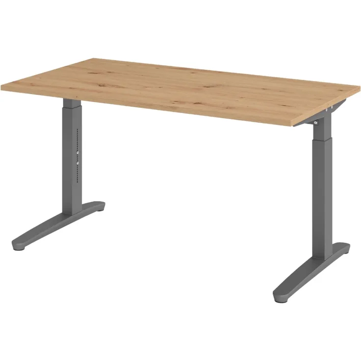 bümö manuell höhenverstellbarer Schreibtisch 140x80 in Asteiche, Gestell in graphit - PC Tisch höhenverstellbar & klein, höhenverstellbarer Tisch Büro, kleiner Computertisch verstellbar, X14-R-GG