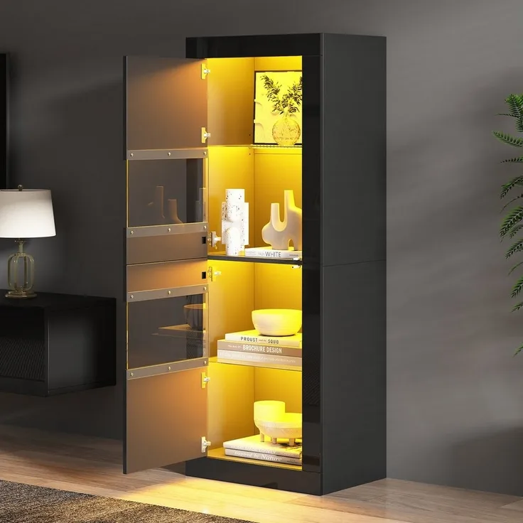 Merax Standvitrine hochglanz Vitrine mit LED-Beleuchtung inkl. Fernbedienung (1-St) Hochschrank mit erstellbaren Glasböden & Kippsicherung, 61x42x162 cm