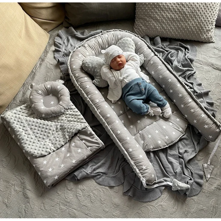 Loolay Bettnestchen MINKY/ Baumwolle BABYNEST Babykokon Geschenk Babyausstattung SETS, (MUSTER: Sterne GRAU/ MINKY Grau, SOLO oder im SETS, 5-tlg, PREMIUM BABYGESCHENK Neugeborene Nestchen, Babynestchen, Reisebett), LOOLAY® - 100% Europäische Stoffe un... – Bild 3