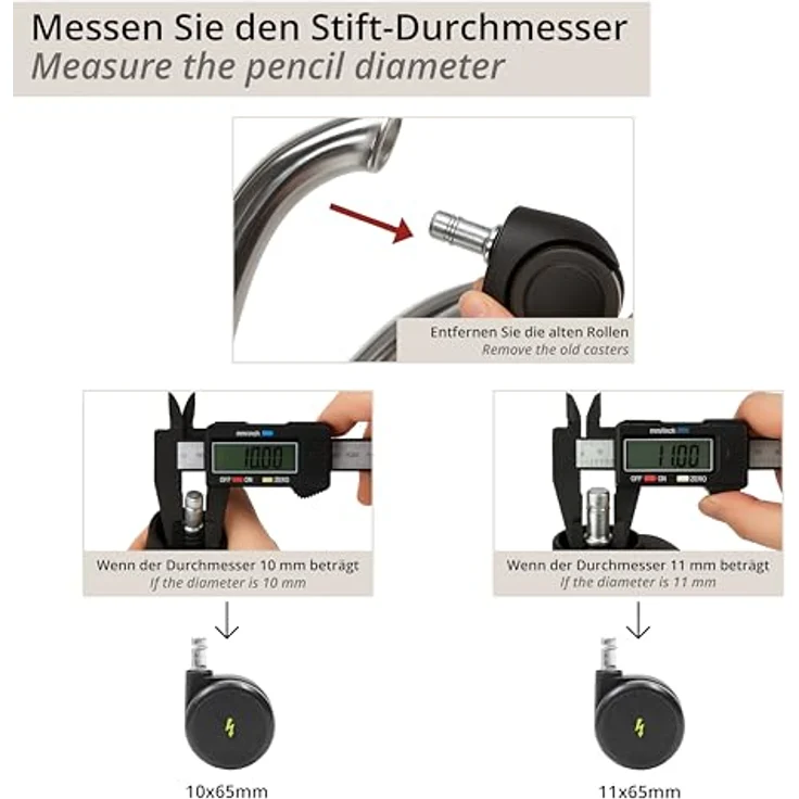 hjh OFFICE 619046 5x Elektrisch leitfähige Rollen 11x65 mm Bürostuhl Rollen für harte Böden | Vermeidung von statischer Aufladung – Bild 3