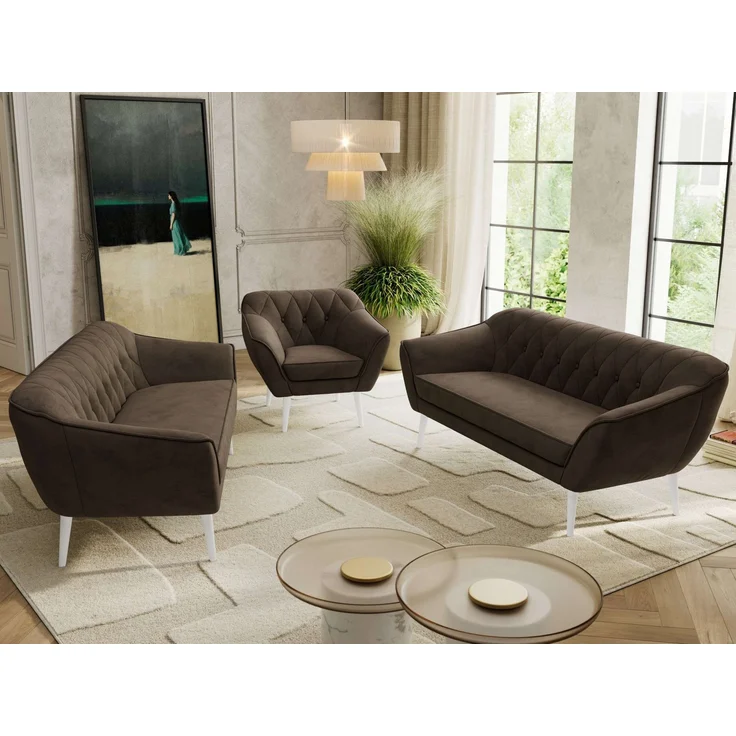 Wohnzimmerset, Möbelset PIRS 3-3-1, Armlehnen, Wellenfederung, weiße Füße, Dreisitzer Sofas mit Sessel, Polstermöbel Set - Braun Velvet – Bild 4