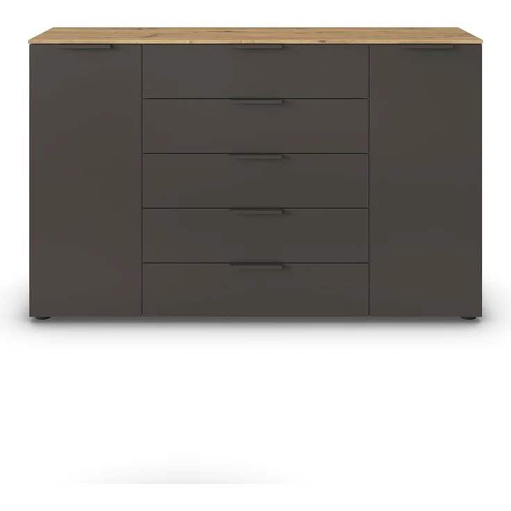 Rauch Möbel Flipp, Kommode für Schlafzimmer, Kinderzimmer, Wohnzimmer, Flur, Garderobe, 2-türig, 5 Schubladen, mit Softclose-Funktion, Farbe Eiche Artisan, Holz/Graphit, Schwarz, Breite 160 cm – Bild 5