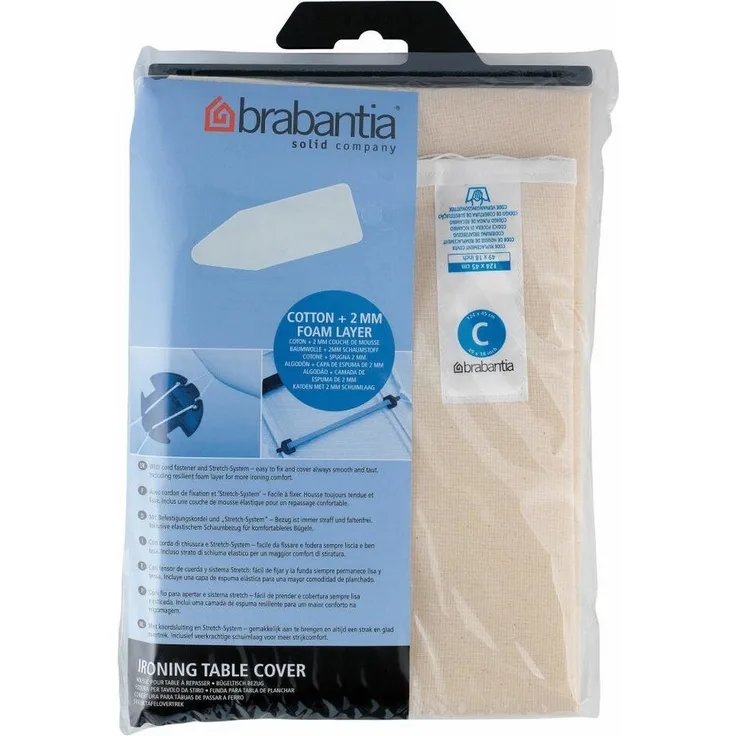 Brabantia Bügelbrett Bezug, Bügelbezug, Bügeltischbezug, Bügelbrettbezug, Baumwolle & 2mm Schaumstoff, mit Kordelzug, Größe C, 124x45 cm, Ecru, 169403