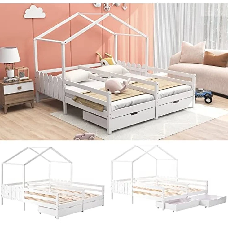 Ball & Cast Bodenbett (90x200 cm) mit 2 Schubladen, Hausbett mit Rausfallschutz und Lattenrost für 2 Kinder, EStabil & Rauschlos, Weiß – Bild 6