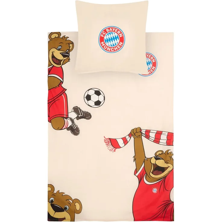 BERONAGE Kinderbettwäsche FC Bayern München Berni Maskottchen Bettwäsche Linon / Renforcé, Baumwolle, 2 teilig, 135x200 cm 80x80 cm