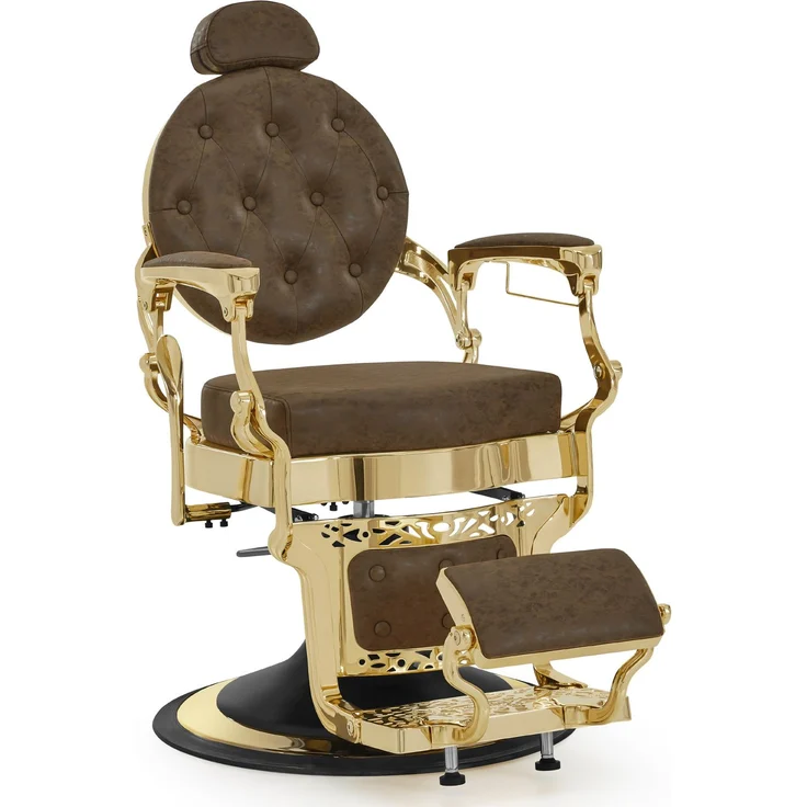 BarberPub Friseurstuhl mit Kopfstütze Kippbar, Friseureinrichtung mit Hydraulikpumpe 360° Drehbar, Höhenverstellbarer Kunstleder, 2933BR-F (Gold-Braun) – Bild 1