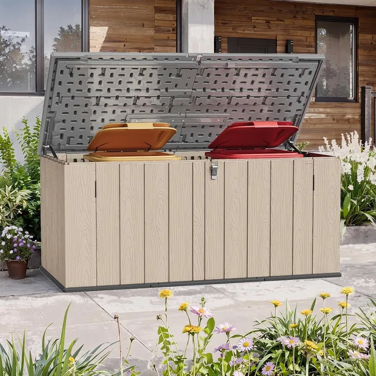 Aoxun Gartenbox aus Harz 600L,Auflagenbox Wasserdicht Außenmaße:142 x 67 x 63 cm,Wetterfest,Abschließbar,Braun