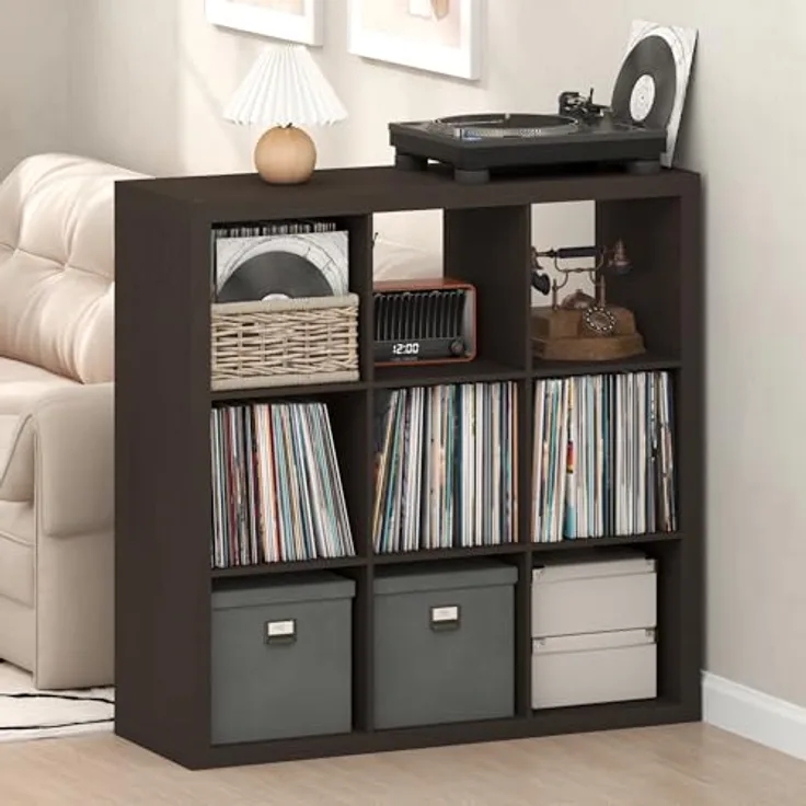 Furinno Cubicle Plattenspieler Regal mit Vinyl Aufbewahrung, 9-Würfel 1.8 Dreifach Dicke Vinyl Aufbewahrung, Offen Rückseitiges Medienregal für CD DVD Blueray Spiel Discs, Schwarz Dunkle Eiche