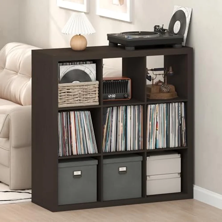 Furinno Cubicle Plattenspieler Regal mit Vinyl Aufbewahrung, 9-Würfel 1.8 Dreifach Dicke Vinyl Aufbewahrung, Offen Rückseitiges Medienregal für CD DVD Blueray Spiel Discs, Schwarz Dunkle Eiche – Bild 1