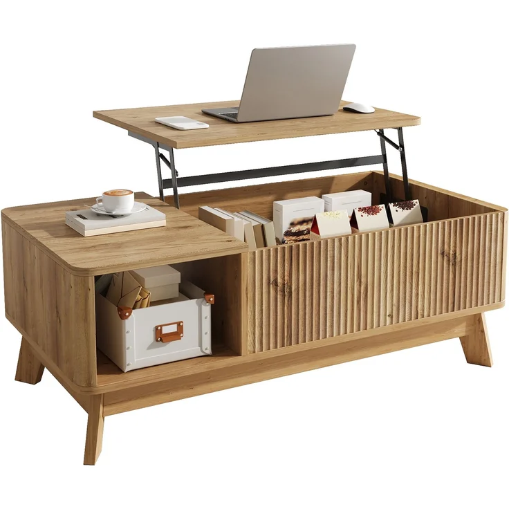 Merax Couchtisch mit Hubfunktion, Wellenoptik, offenes Seitenfach, MDF-Material, Moderner Stil, Natur – Bild 10