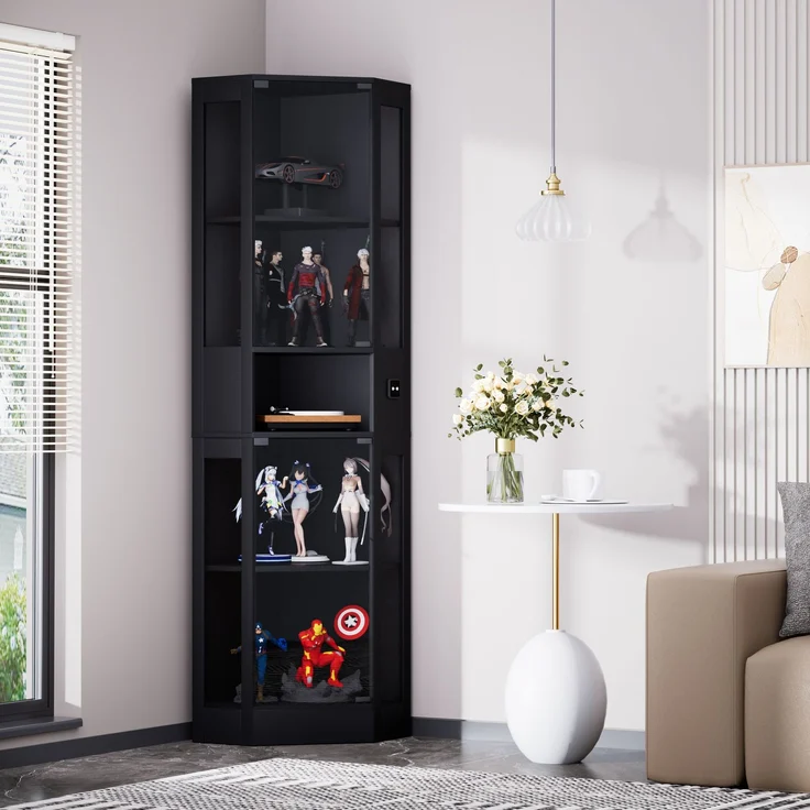 Fünfstöckige Glasvitrine mit Stauraum, LED-Beleuchtung, Glastüren und intelligenten Sensoren, Geeignet für Wohnzimmer, Schlafzimmer und Büros. Schwarz.--Schwarz--57x40x165cm--YOUDENOVA – Bild 4