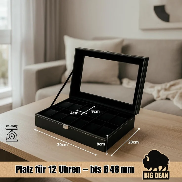 BigDean Uhrenbox für 12 Uhren Glasdeckel - schicke Uhrenbox Herren Watch Box (Packung, 1 St, Uhrenbox), Edle Optik, Kunstleder, Sammler, Samtfutter – Bild 3