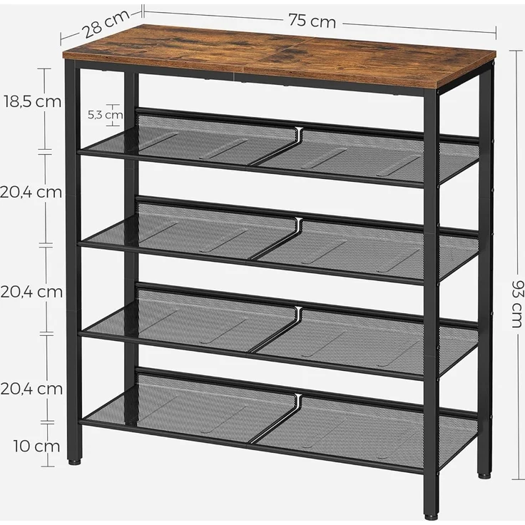 Vasagle Schuhregal 5-stöckig, Holzspanplatte Vintagebraun/Schwarz, 28 x 75 x 93 cm – Bild 3