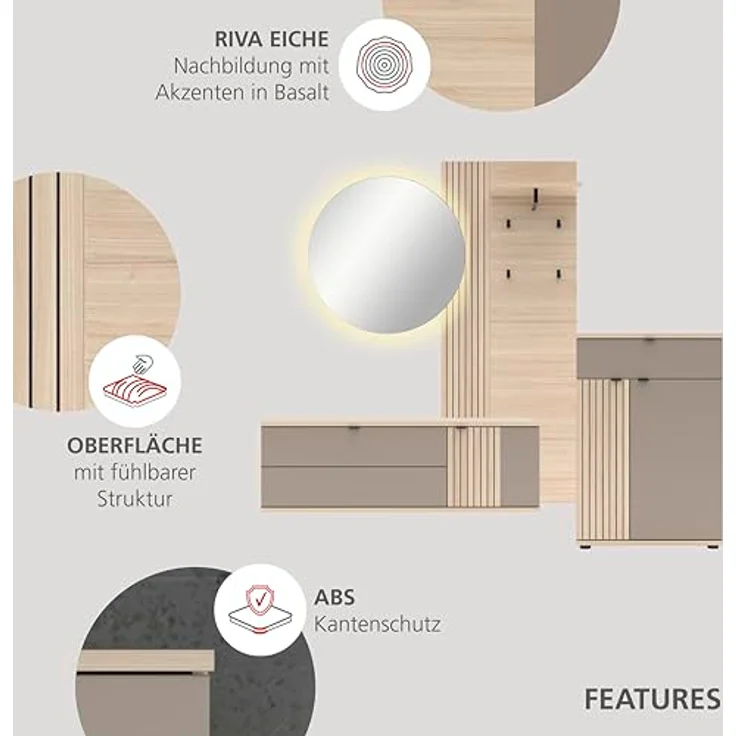 PISA Schuhschrank mit 1 Schubkasten, 2 Holztüren in Basalt matt mit Leistenoptik Riva Eiche – FSC-Zertifiziert – Modernes Schuhregal mit 3 Fachböden – 70 x 103 x 38 cm (B/H/T) – Bild 6