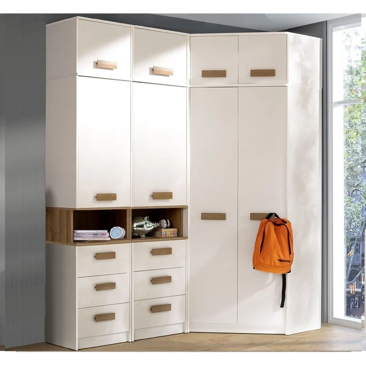 Marmex Möbel Grant 14 Ein Schrank-Set, zwei Büchrregale, Eckkleiderschrank, Schlafzimmer-Set, laminierte Spanplatte, weiß+riviera Eiche, 143x235x143 cm – Bild 7