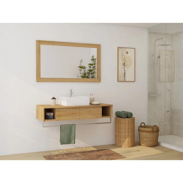 Vente-unique - Hängender Waschbeckenunterschrank aus Teakholz mit Handtuchhalter und quadratischem Aufsatzwaschbecken aus Keramik – 120 cm – KUPANG – Bild 2