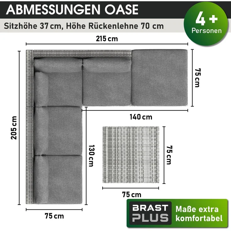 BRAST Gartenmöbel Lounge Sofa Couch Set Oase Grau Poly-Rattan für 4 Personen – Bild 4