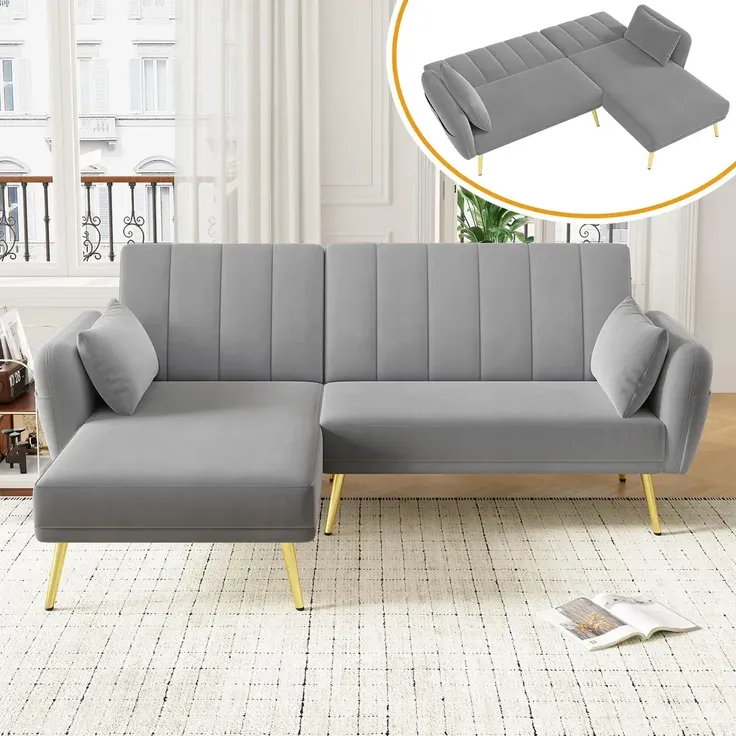 Ecksofa mit Relaxfunktion, L-Form, Schlafsofa mit Verstellbarer Rückenlehne, Polstersofa, Loungesofa, Samtbezug – Bild 2