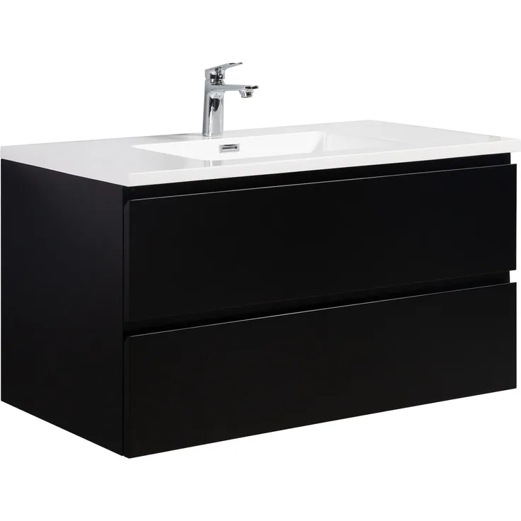 Badplaats Badmöbel Set mit Waschbecken und Unterschrank Angela 100 x 48 cm Schwarz Matt - Waschbeckenunterschrank mit Soft-Close und Waschbecken, Vorgemontiert