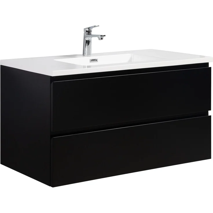 Badplaats Badmöbel Set mit Waschbecken und Unterschrank Angela 100 x 48 cm Schwarz Matt - Waschbeckenunterschrank mit Soft-Close und Waschbecken, Vorgemontiert – Bild 1