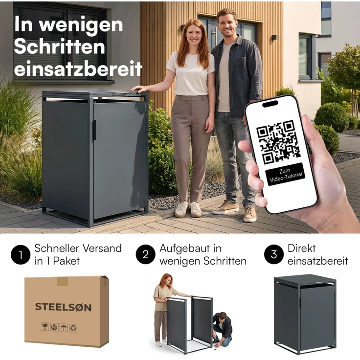 STEELSØN 'Thoria' Mülltonnenbox 1er je 120 Liter, anthrazit, Mülltonnenverkleidung aus Stahl, wetterfest, 102x62x60,5 cm, Müllbox für 1 Tonne – Bild 9