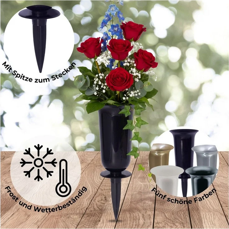 matches21 HOME & HOBBY Dekovase Grabvasen mit Erdspieß und Sockel 2er Set (31, 32 cm) grau (2 St), Wetterfeste Grabschmuck Friedhofsvasen zum Stecken, Hinstellen – Bild 2
