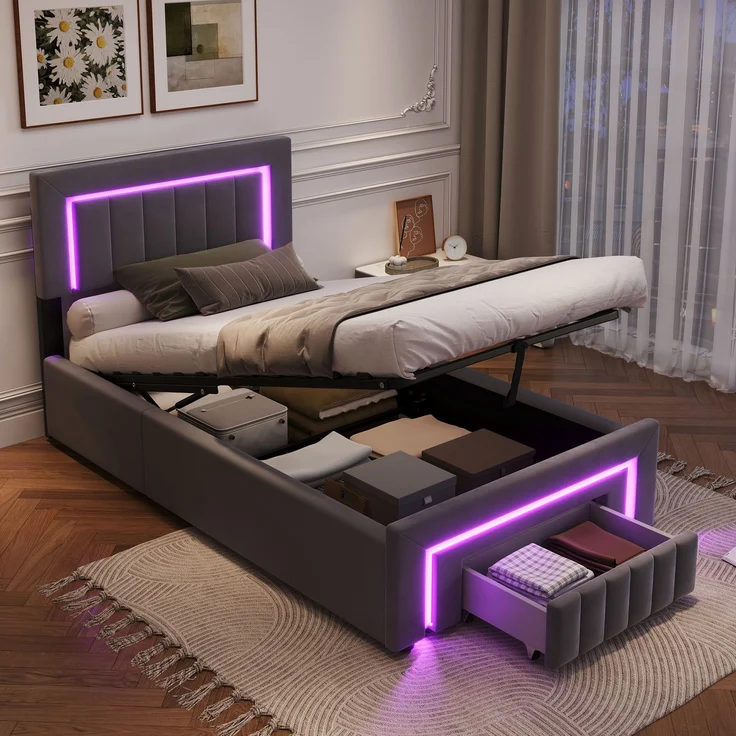 Polsterbett aus Velours mit LED, hydraulischem Stauraum & Schublade, ohne Matratze, 90x200 cm, Anthrazit/Grau – Bild 3