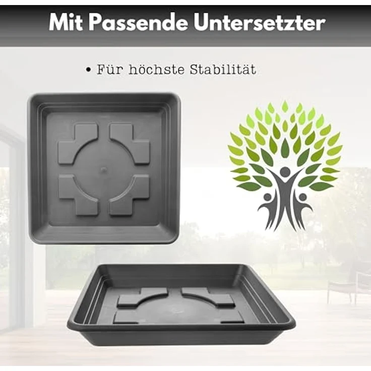 Centi Pflanzkübel Blumentopf Gross, Pflanzkübel Groß Außen (Set, 2 St, eckig 40x40 cm, Anthrazit), Blumentopf mit Löcher und Untersetzer, Pflanzkübel Kunststoff – Bild 4