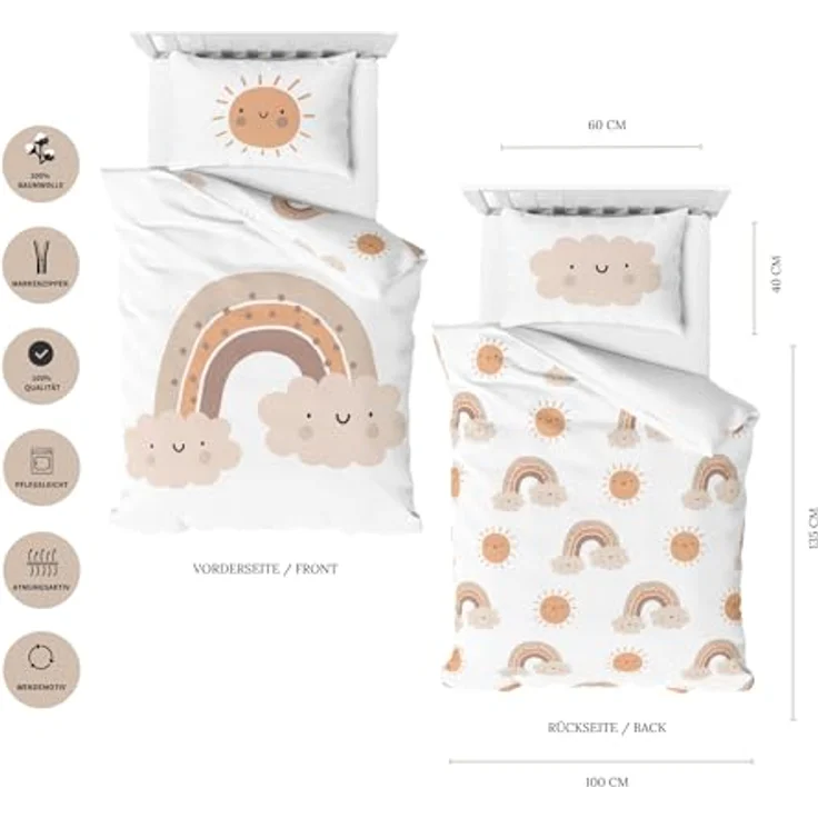 MTOnlinehandel Babybettwäsche Little Sunrise Biber/ Flanell in 100x135 + 40x60 cm, Boho, 100% Baumwolle, 2 teilig, Winterbettwäsche kuschelig und weich, Regenbögen und Sonne, weiß – Bild 4