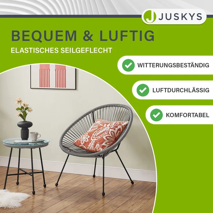 Juskys 'Ostana' Balkonmöbel Set, 3-teilig, Tisch + 2x Sessel, Polyrattan, Hellgrau – Bild 3