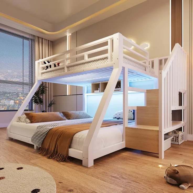Etagenbett mit 2 Schlafgelegenheiten, Lattenrosten, Regal, Rausfallschutz und LED-Streifen, Treppe mit Regal, 90/140x200 cm, Kinderbett, Metallbett