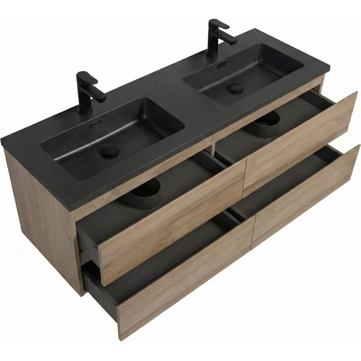 Badplaats Badmöbel Set mit Waschbecken und Unterschrank Angela 140 x 48 cm Kastanien Eiche - Waschbeckenunterschrank mit Soft-Close und Schwarze Doppelwaschbecken – Bild 4