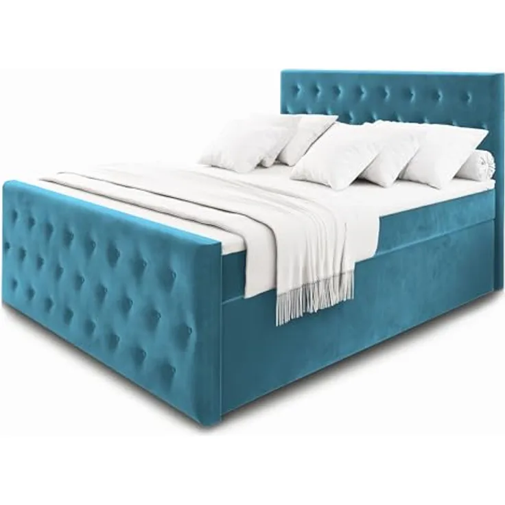 MASSENO Boxbett Fondi, Blau, Boxspringbett mit großem Bettkasten, 180x200 cm, ergonomischer Schlafkomfort, inklusive Topper