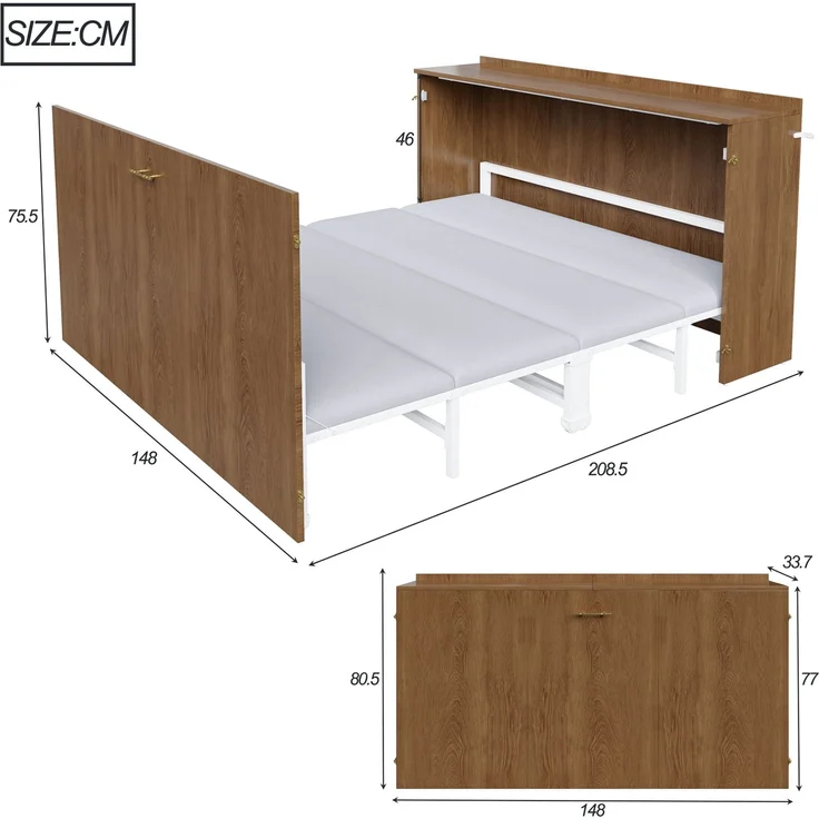 Klappbett 140 x 200 cm, Ausziehbarer Schrankbettrahmen mit Leinenmatratze, Platzsparendes Gästebett mit Metallgestell und Leisen Rollen – Bild 8